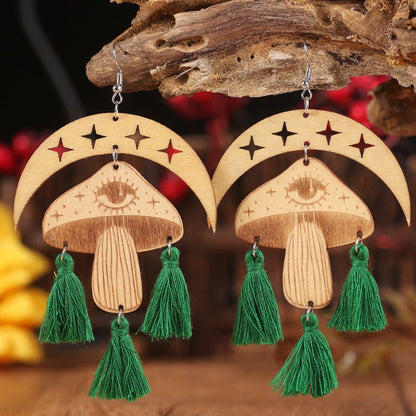 Moon & Mushroom Tassel Detail Dangle Earrings - Trendy AF