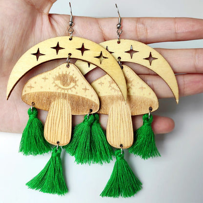 Moon & Mushroom Tassel Detail Dangle Earrings - Trendy AF