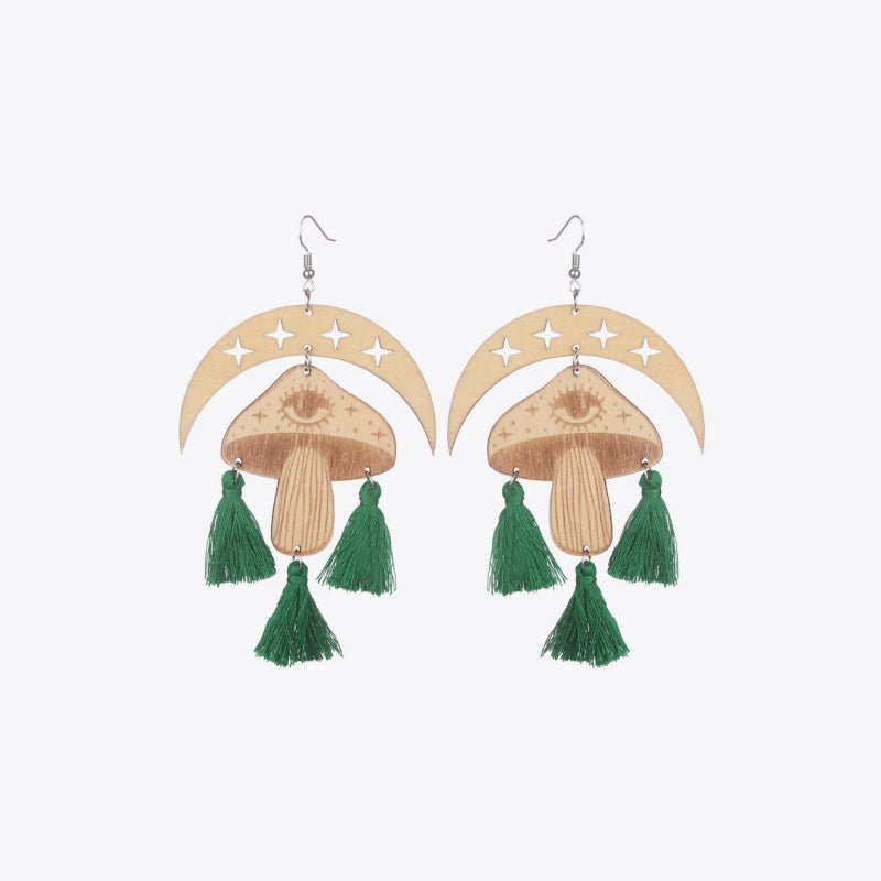 Moon & Mushroom Tassel Detail Dangle Earrings - Trendy AF