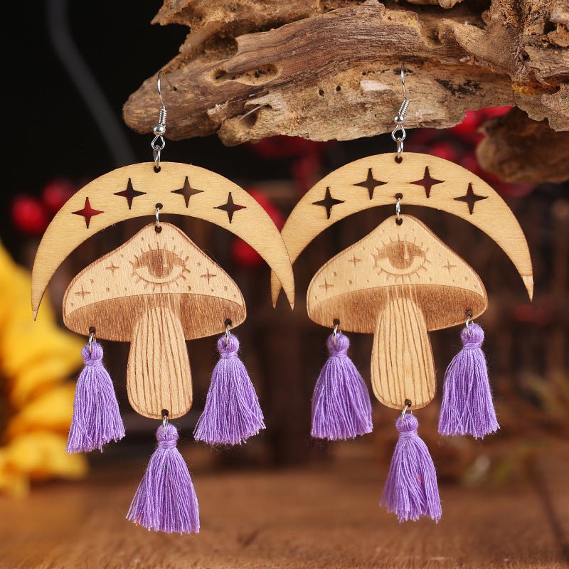 Moon & Mushroom Tassel Detail Dangle Earrings - Trendy AF