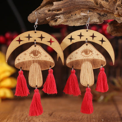 Moon & Mushroom Tassel Detail Dangle Earrings - Trendy AF