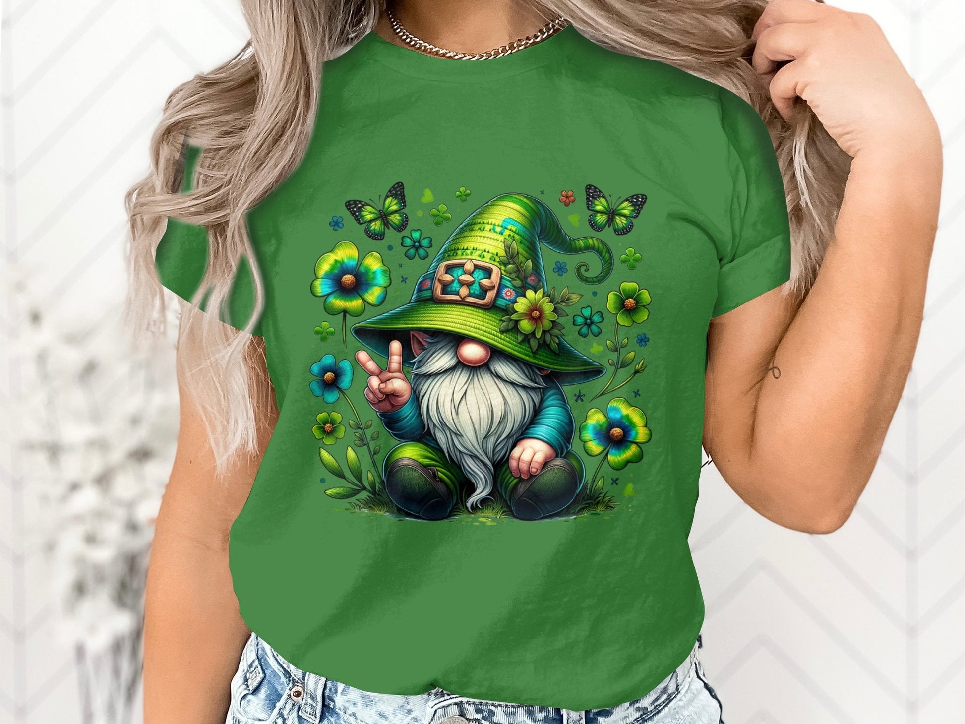 Peaceful Gnome in Green Irish Hat with Butterflies Graphic Tee, Unisex Lucky Clover Shirt - Trendy AF