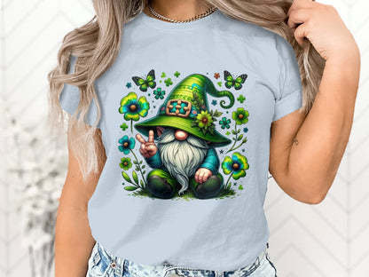 Peaceful Gnome in Green Irish Hat with Butterflies Graphic Tee, Unisex Lucky Clover Shirt - Trendy AF