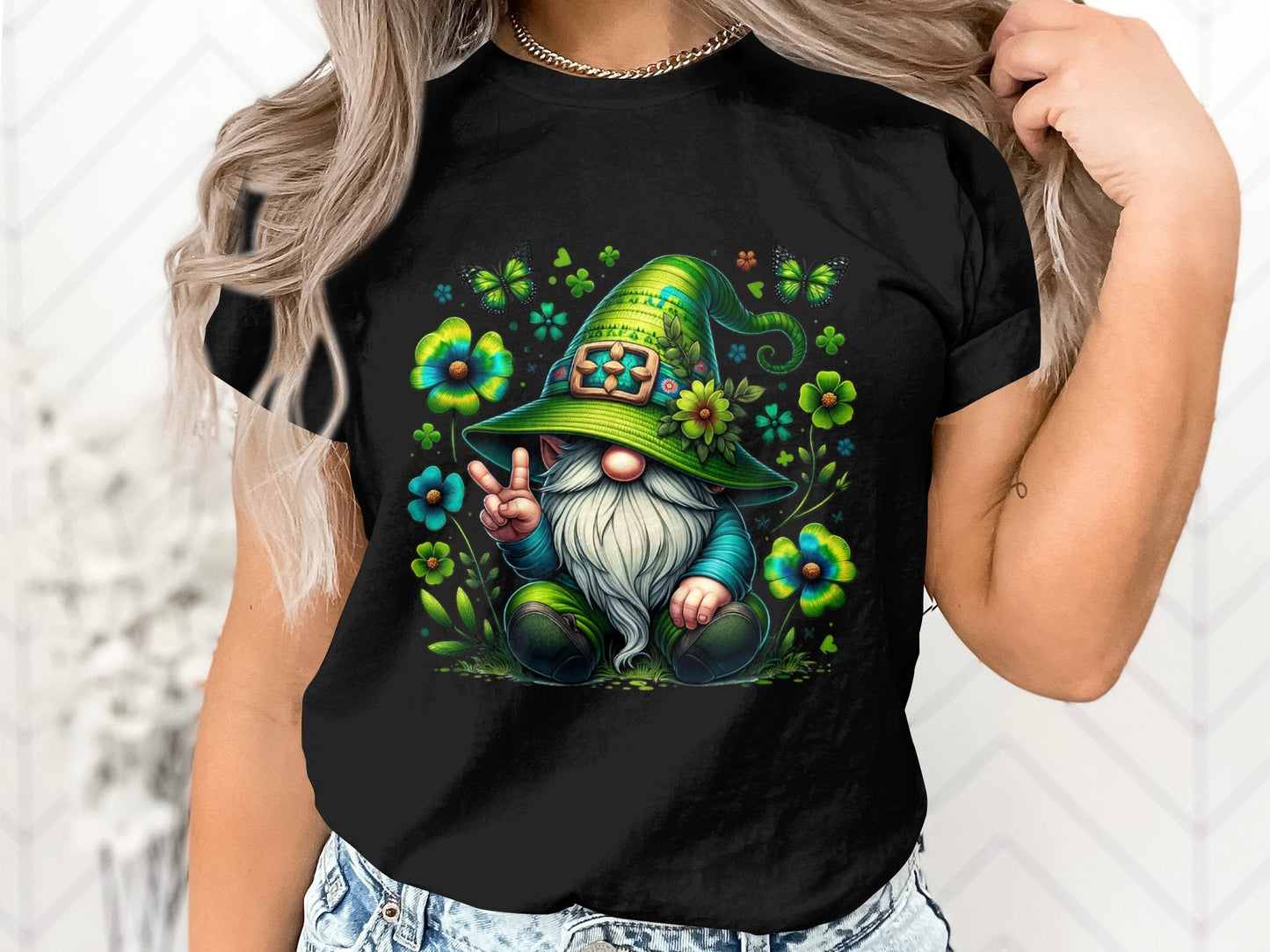 Peaceful Gnome in Green Irish Hat with Butterflies Graphic Tee, Unisex Lucky Clover Shirt - Trendy AF