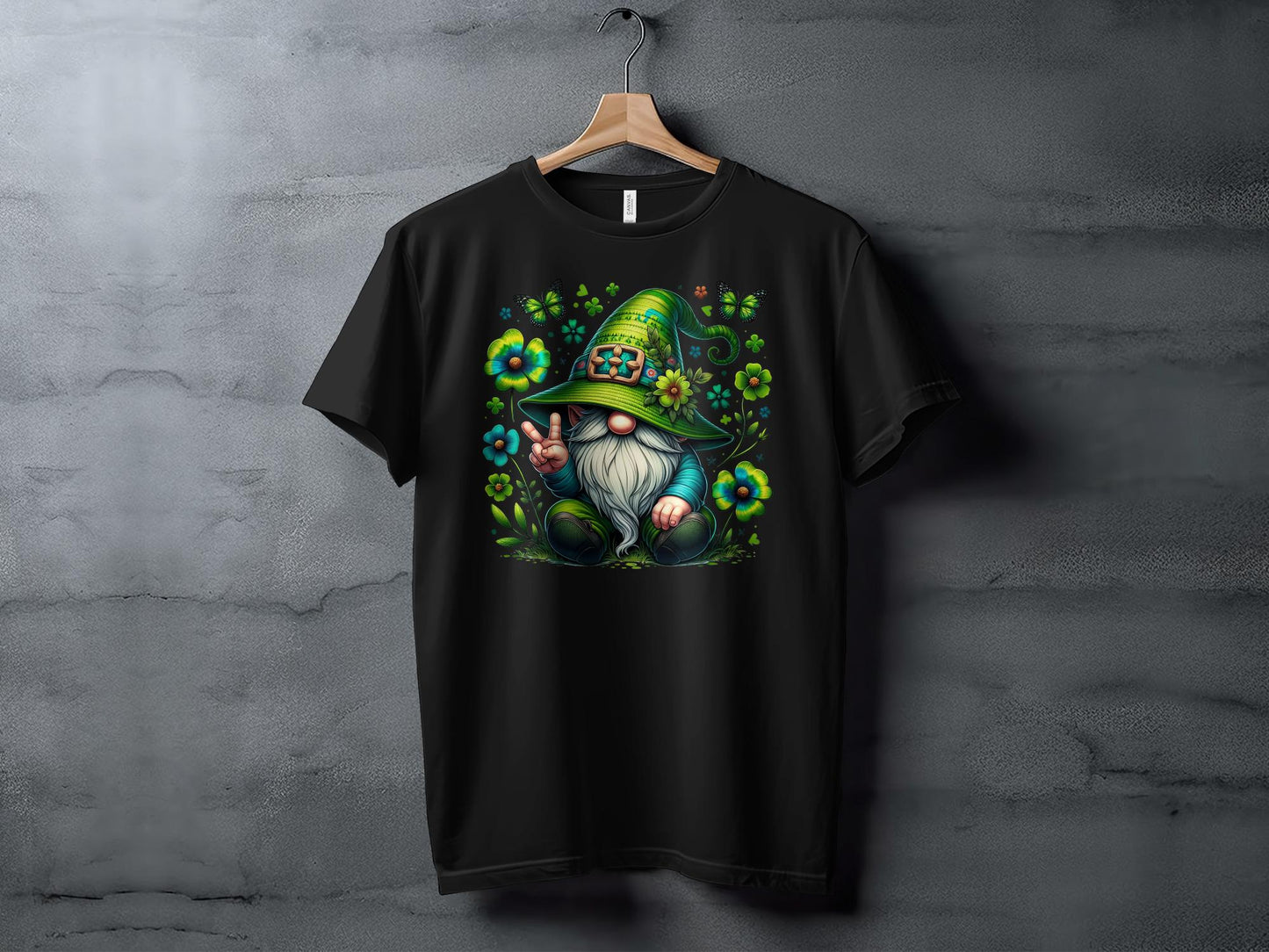 Peaceful Gnome in Green Irish Hat with Butterflies Graphic Tee, Unisex Lucky Clover Shirt - Trendy AF