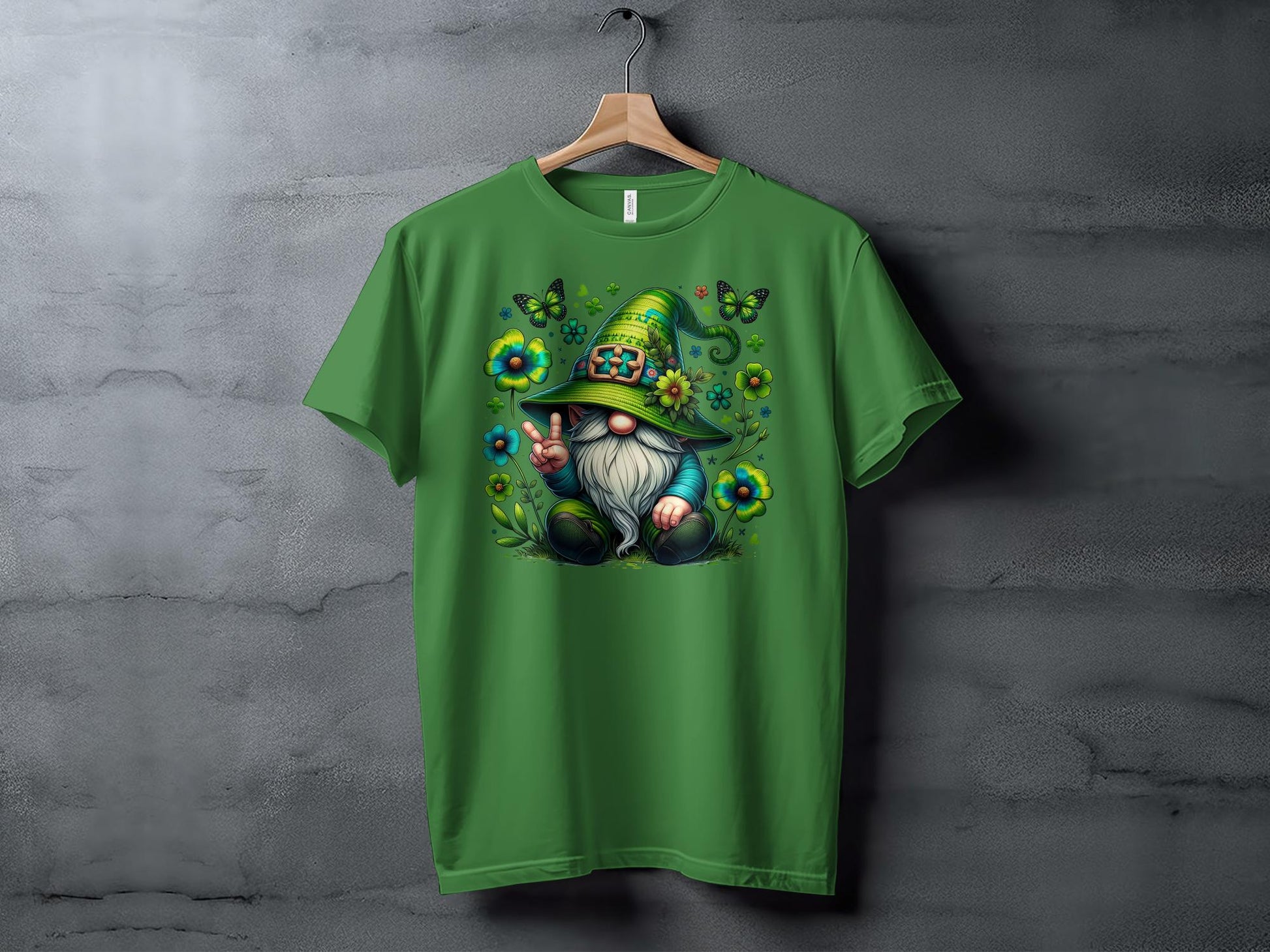 Peaceful Gnome in Green Irish Hat with Butterflies Graphic Tee, Unisex Lucky Clover Shirt - Trendy AF