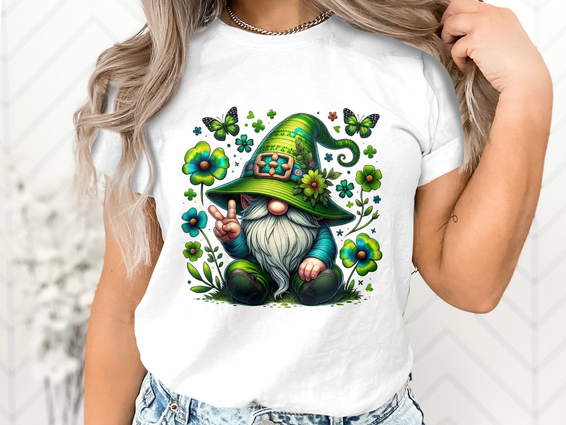 Peaceful Gnome in Green Irish Hat with Butterflies Graphic Tee, Unisex Lucky Clover Shirt - Trendy AF