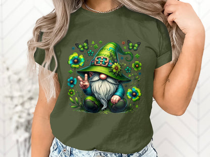 Peaceful Gnome in Green Irish Hat with Butterflies Graphic Tee, Unisex Lucky Clover Shirt - Trendy AF