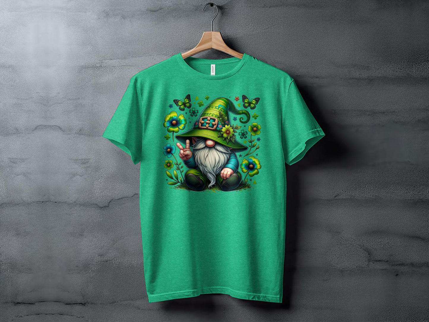 Peaceful Gnome in Green Irish Hat with Butterflies Graphic Tee, Unisex Lucky Clover Shirt - Trendy AF