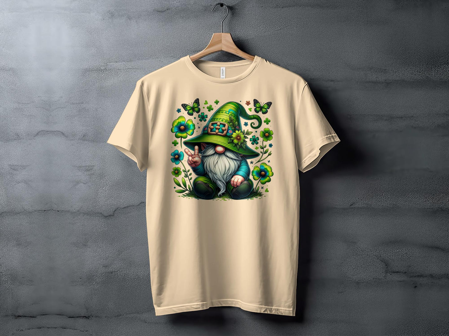 Peaceful Gnome in Green Irish Hat with Butterflies Graphic Tee, Unisex Lucky Clover Shirt - Trendy AF