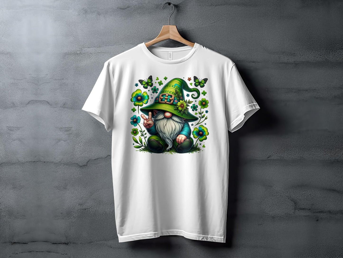 Peaceful Gnome in Green Irish Hat with Butterflies Graphic Tee, Unisex Lucky Clover Shirt - Trendy AF