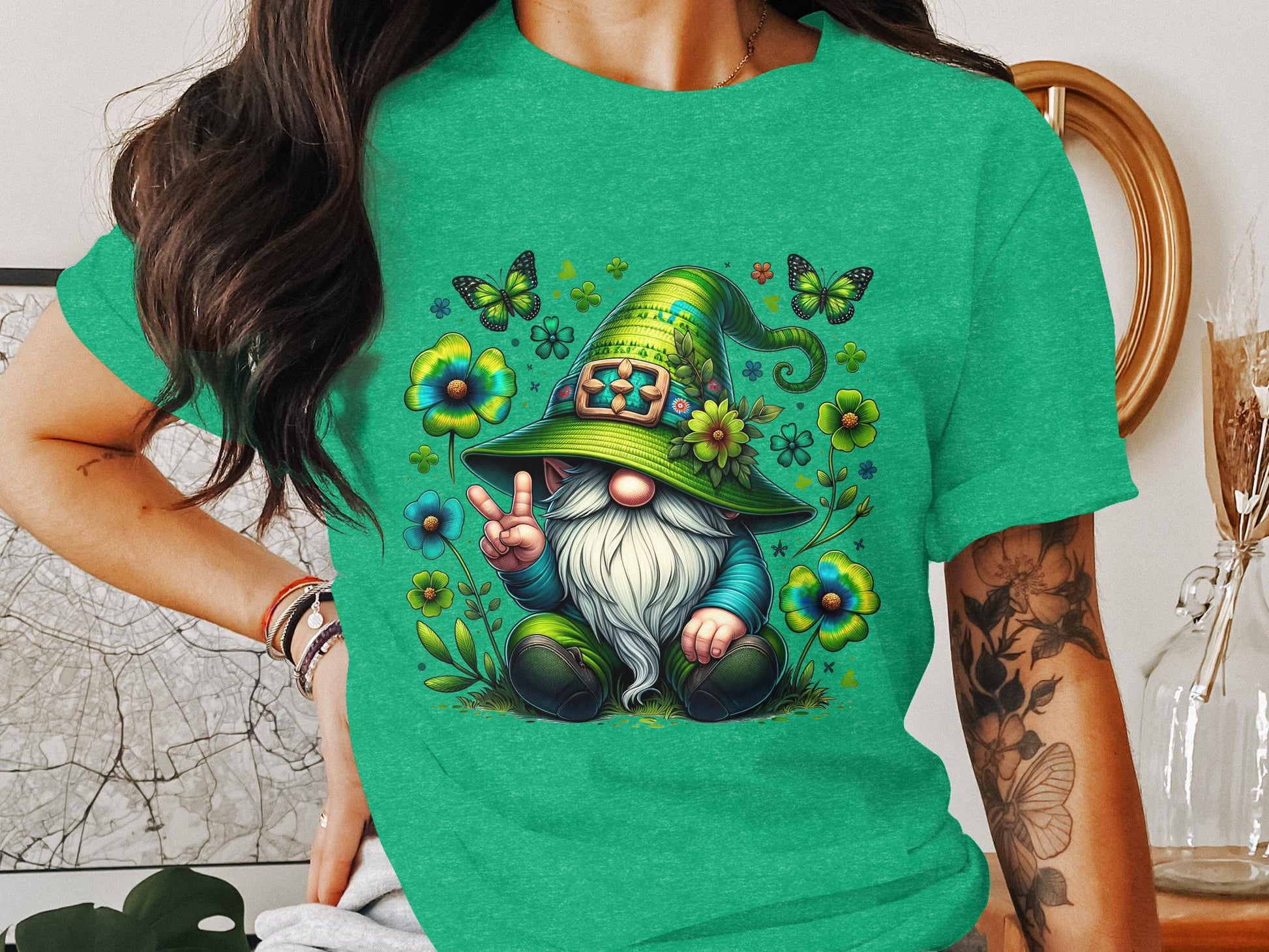 Peaceful Gnome in Green Irish Hat with Butterflies Graphic Tee, Unisex Lucky Clover Shirt - Trendy AF