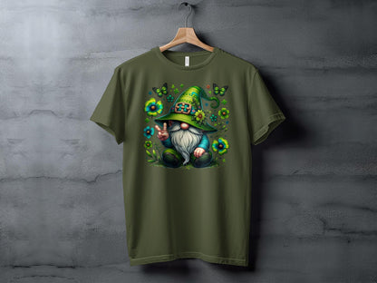 Peaceful Gnome in Green Irish Hat with Butterflies Graphic Tee, Unisex Lucky Clover Shirt - Trendy AF