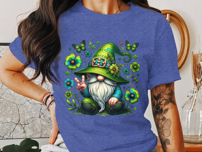 Peaceful Gnome in Green Irish Hat with Butterflies Graphic Tee, Unisex Lucky Clover Shirt - Trendy AF