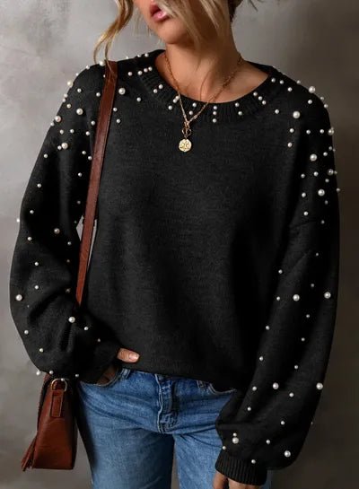 Pearl Detail Round Neck Long Sleeve Sweater - AlterEgo Trading Company