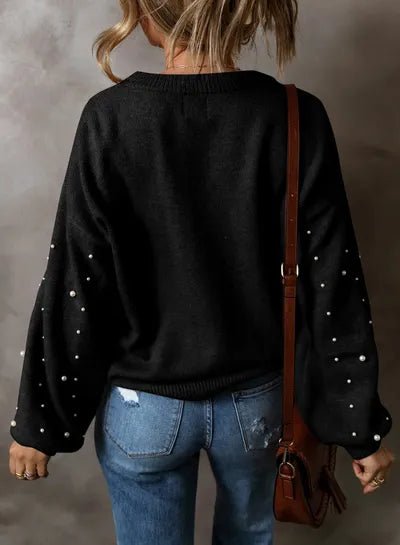 Pearl Detail Round Neck Long Sleeve Sweater - AlterEgo Trading Company