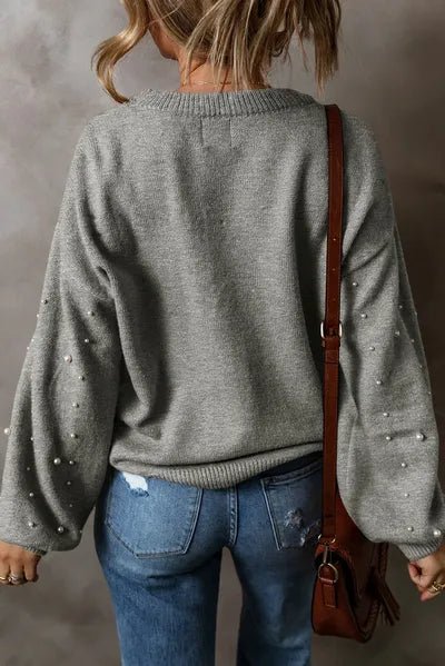 Pearl Detail Round Neck Long Sleeve Sweater - AlterEgo Trading Company