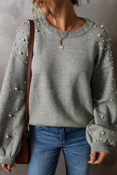 Pearl Detail Round Neck Long Sleeve Sweater - AlterEgo Trading Company