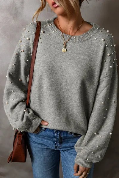 Pearl Detail Round Neck Long Sleeve Sweater - AlterEgo Trading Company