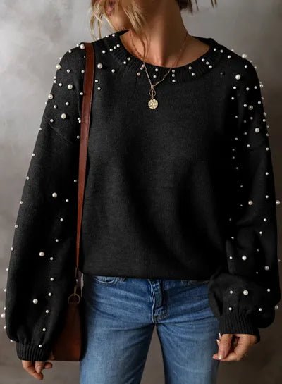 Pearl Detail Round Neck Long Sleeve Sweater - AlterEgo Trading Company