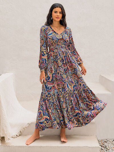 Printed Tie Neck Long Sleeve Midi Dress - AlterEgo Trading Company