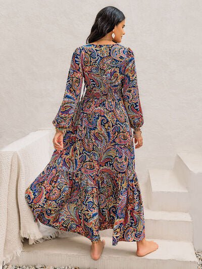 Printed Tie Neck Long Sleeve Midi Dress - AlterEgo Trading Company