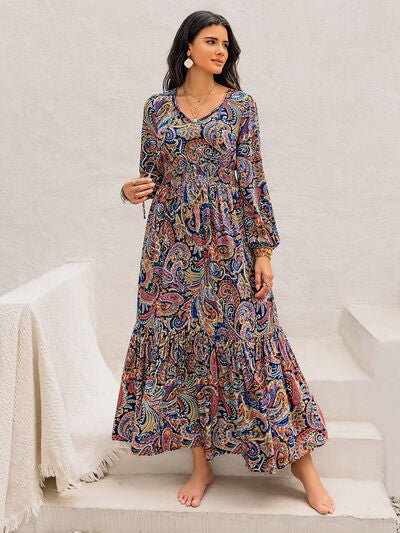 Printed Tie Neck Long Sleeve Midi Dress - AlterEgo Trading Company