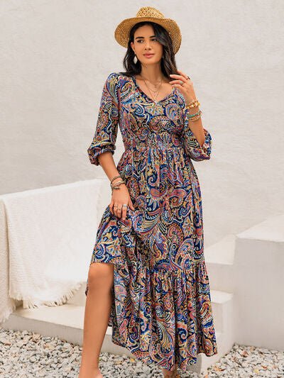 Printed Tie Neck Long Sleeve Midi Dress - AlterEgo Trading Company