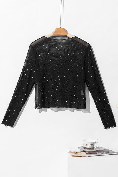 Rhinestone Sheer Mesh Mock Neck Long Sleeve Top - AlterEgo Trading Company