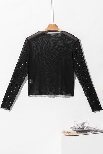 Rhinestone Sheer Mesh Mock Neck Long Sleeve Top - AlterEgo Trading Company