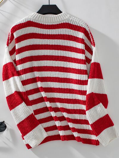 Striped Round Neck Long Sleeve Sweater - AlterEgo Trading Company