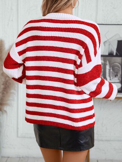 Striped Round Neck Long Sleeve Sweater - AlterEgo Trading Company