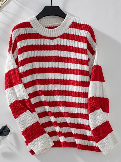 Striped Round Neck Long Sleeve Sweater - AlterEgo Trading Company