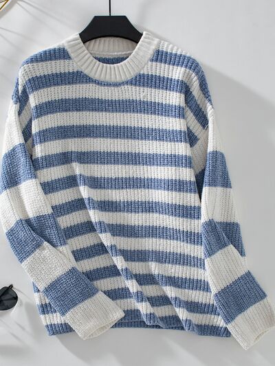 Striped Round Neck Long Sleeve Sweater - AlterEgo Trading Company