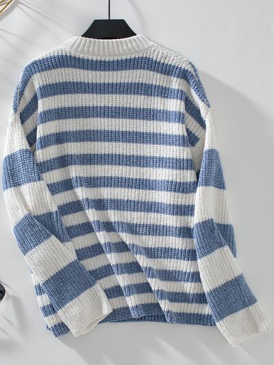 Striped Round Neck Long Sleeve Sweater - AlterEgo Trading Company