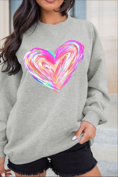 Valentine’s Day Heart Round Neck Drop Shoulder Sweatshirt - AlterEgo Trading Company