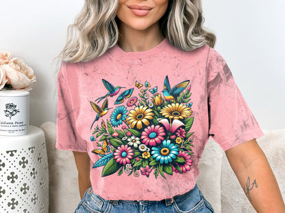 Vibrant Floral Bird T-Shirt, Colorful Nature Inspired Clothing, Unisex Tee with Spring Flowers and Hummingbirds - Trendy AF