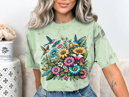 Vibrant Floral Bird T-Shirt, Colorful Nature Inspired Clothing, Unisex Tee with Spring Flowers and Hummingbirds - Trendy AF