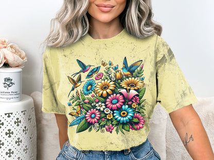 Vibrant Floral Bird T-Shirt, Colorful Nature Inspired Clothing, Unisex Tee with Spring Flowers and Hummingbirds - Trendy AF