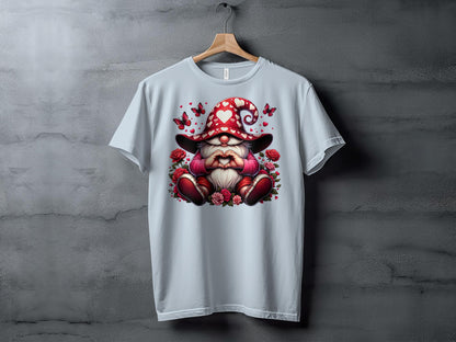 Whimsical Gnome Love Heart T-Shirt, Valentine's Day Graphic Tee, Cute Dwarf with Butterflies and Roses Top - Trendy AF