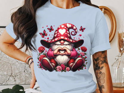 Whimsical Gnome Love Heart T-Shirt, Valentine's Day Graphic Tee, Cute Dwarf with Butterflies and Roses Top - Trendy AF