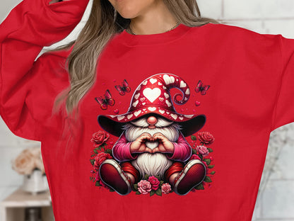 Whimsical Gnome Love Heart T-Shirt, Valentine's Day Graphic Tee, Cute Dwarf with Butterflies and Roses Top - Trendy AF