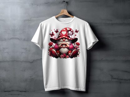 Whimsical Gnome Love Heart T-Shirt, Valentine's Day Graphic Tee, Cute Dwarf with Butterflies and Roses Top - Trendy AF