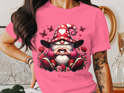 Whimsical Gnome Love Heart T-Shirt, Valentine's Day Graphic Tee, Cute Dwarf with Butterflies and Roses Top - Trendy AF