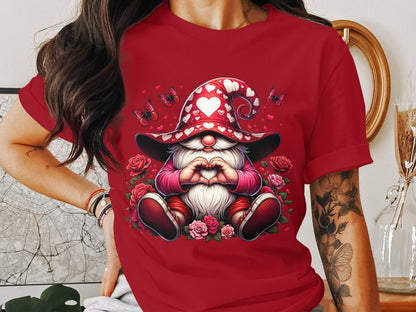 Whimsical Gnome Love Heart T-Shirt, Valentine's Day Graphic Tee, Cute Dwarf with Butterflies and Roses Top - Trendy AF