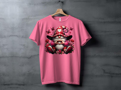 Whimsical Gnome Love Heart T-Shirt, Valentine's Day Graphic Tee, Cute Dwarf with Butterflies and Roses Top - Trendy AF