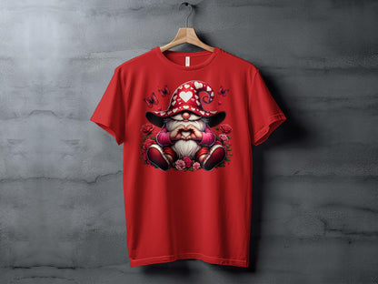 Whimsical Gnome Love Heart T-Shirt, Valentine's Day Graphic Tee, Cute Dwarf with Butterflies and Roses Top - Trendy AF