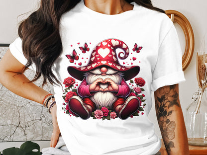 Whimsical Gnome Love Heart T-Shirt, Valentine's Day Graphic Tee, Cute Dwarf with Butterflies and Roses Top - Trendy AF