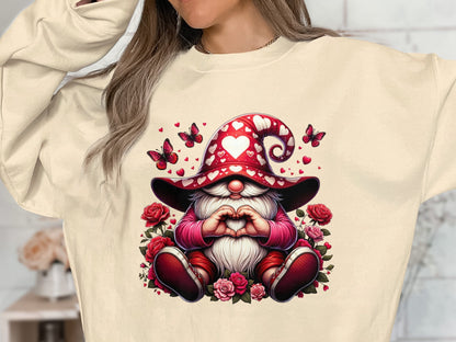 Whimsical Gnome Love Heart T-Shirt, Valentine's Day Graphic Tee, Cute Dwarf with Butterflies and Roses Top - Trendy AF