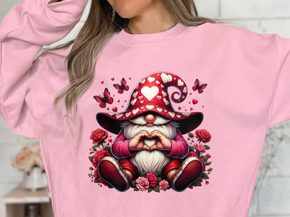 Whimsical Gnome Love Heart T-Shirt, Valentine's Day Graphic Tee, Cute Dwarf with Butterflies and Roses Top - Trendy AF